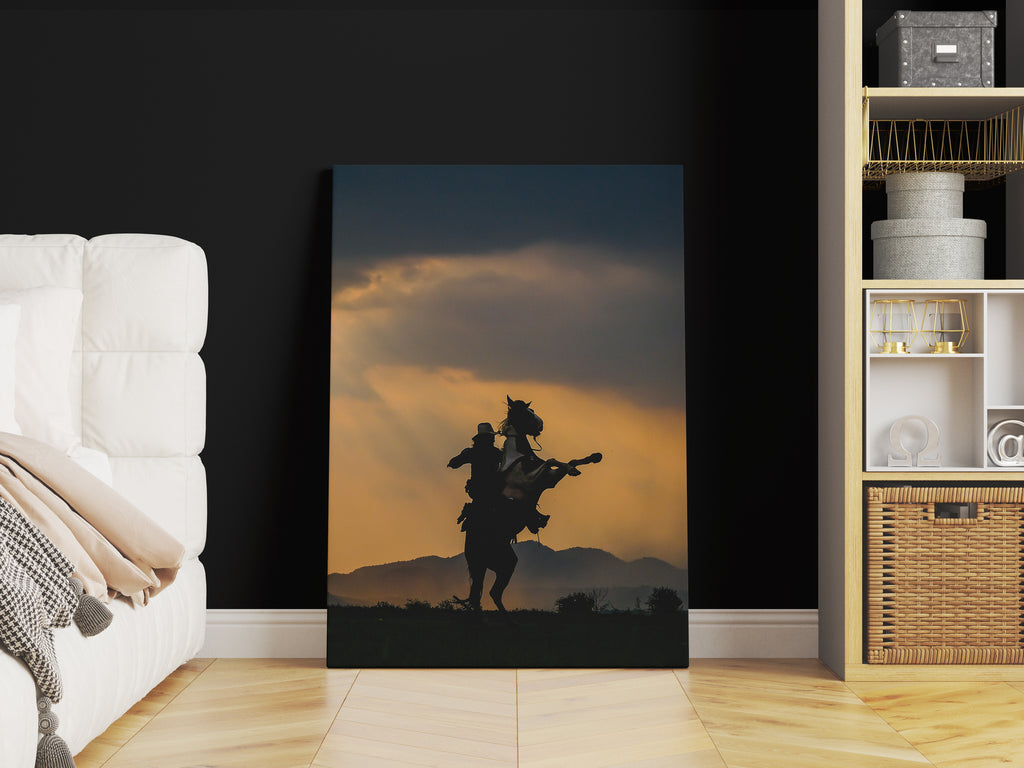 Horseback Rider Print | Canvas wall art print by Wall Nostalgia. FREE SHIPPING on all orders. Custom Canvas Prints, Made in Calgary, Canada | Large canvas prints, framed canvas prints, Horseback Rider Print, Canvas wall art print, Cowboy Print, Horse Print, Cowboy Canvas, Cowboy wall art, Horse riding print, Bronco wall art