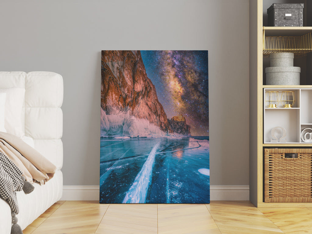 Lake Baikal Frozen Lake Landscape Print | Canvas wall art print by Wall Nostalgia. FREE SHIPPING on all orders. Custom Canvas Prints, Made in Calgary, Canada | Large canvas prints, framed canvas prints, Mountain Print Canvas Wall Art | Canvas print, Mountain print, Galaxy print, Frozen lake, Mountain landscape print