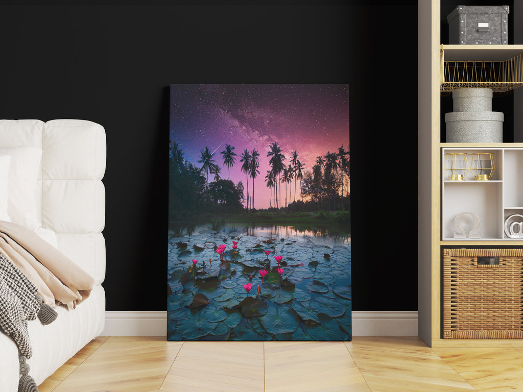 Palm Tree Galaxy Print | Canvas wall art print by Wall Nostalgia. FREE SHIPPING on all orders. Custom Canvas Prints, Made in Calgary, Canada | Large canvas prints, framed canvas prints, Palm Tree Canvas Wall Art, Lily Pad Print, Palm Tree Print, Palm Tree Art Print, Lily Print, Thailand Print, Galaxy print, Galaxy art