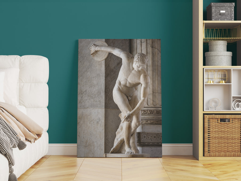 Discobolus Statue by Myron Canvas Print | Canvas wall art print by Wall Nostalgia. FREE SHIPPING on all orders. Custom Canvas Print, Made in Calgary, Canada, Large canvas prints, framed canvas print, Discobolus Myron, Canvas Art Print, Statue Print, Greek Statue Print, Greek Statue Canvas, Greek Print, Discobolus print