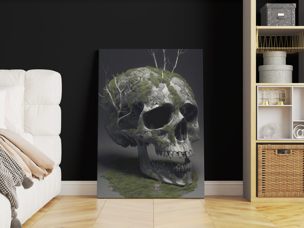 Mossy Skull Print | Canvas wall art print by Wall Nostalgia. FREE SHIPPING on all orders. Custom Canvas Prints, Made in Calgary, Canada | Large canvas prints, framed canvas prints, Skull Canvas Print, Canvas Wall Art, Skull Print, Skull Wall Art, Skull Art Print, Skull Canvas Wall Art, Skull Picture, Skull Flower Print