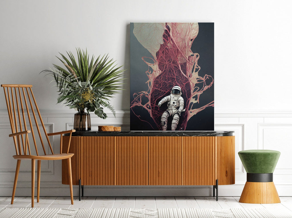 Astronaut Print | Canvas wall art print by Wall Nostalgia. FREE SHIPPING on all orders. Custom Canvas Prints, Made in Calgary, Canada | Large canvas prints, framed canvas prints, Astronaut Canvas Print | Astronaut print, Astronaut wall art print, Space man print, Astronaut flower print, Pink wall art, Space print art