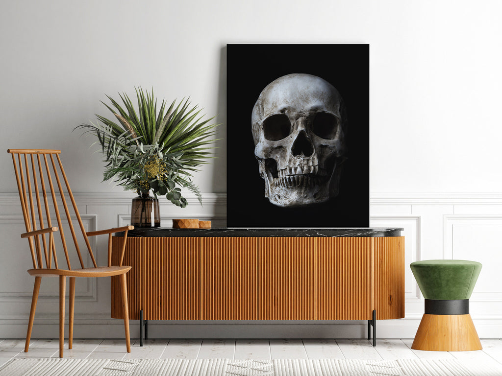 Black and White Skull Wall Art Canvas Print | Canvas wall art print by Wall Nostalgia. FREE SHIPPING on all orders. Custom Canvas Prints, Made in Calgary, Canada, Large canvas prints, framed canvas prints, Skull wall art, Skull wall decor, Skull art print, Skull canvas art, Black and white skull print, Tattoo art print