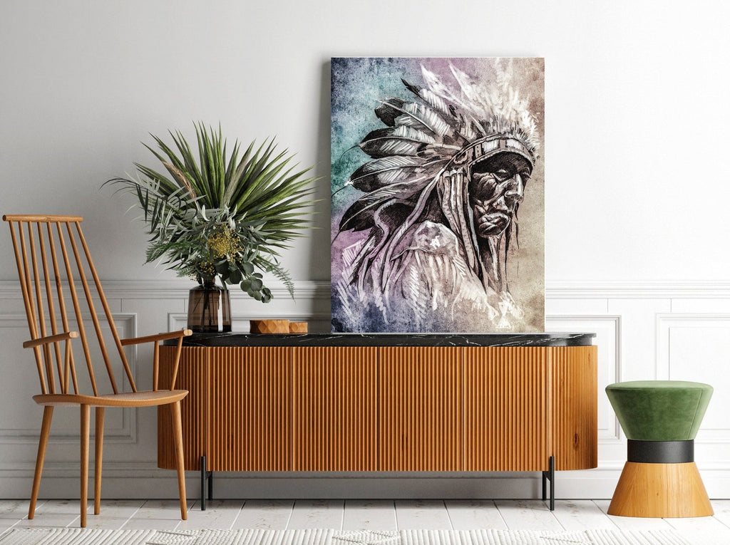 Native American Chief Print | Canvas wall art print by Wall Nostalgia. FREE SHIPPING on all orders. Custom Canvas Prints, Made in Calgary, Canada, Large canvas prints, Native american print | Canvas print wall art, Native american canvas, Native art print, Native american art, Chief print, Native American Art Prints