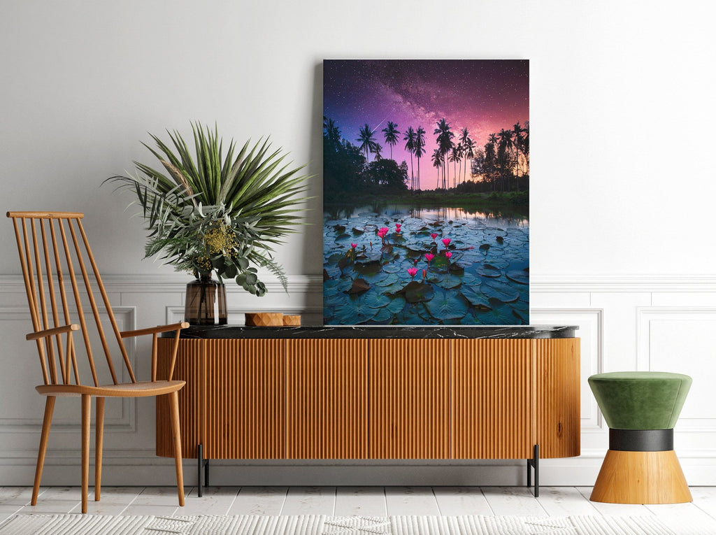 Palm Tree Galaxy Print | Canvas wall art print by Wall Nostalgia. FREE SHIPPING on all orders. Custom Canvas Prints, Made in Calgary, Canada | Large canvas prints, framed canvas prints, Palm Tree Canvas Wall Art, Lily Pad Print, Palm Tree Print, Palm Tree Art Print, Lily Print, Thailand Print, Galaxy print, Galaxy art