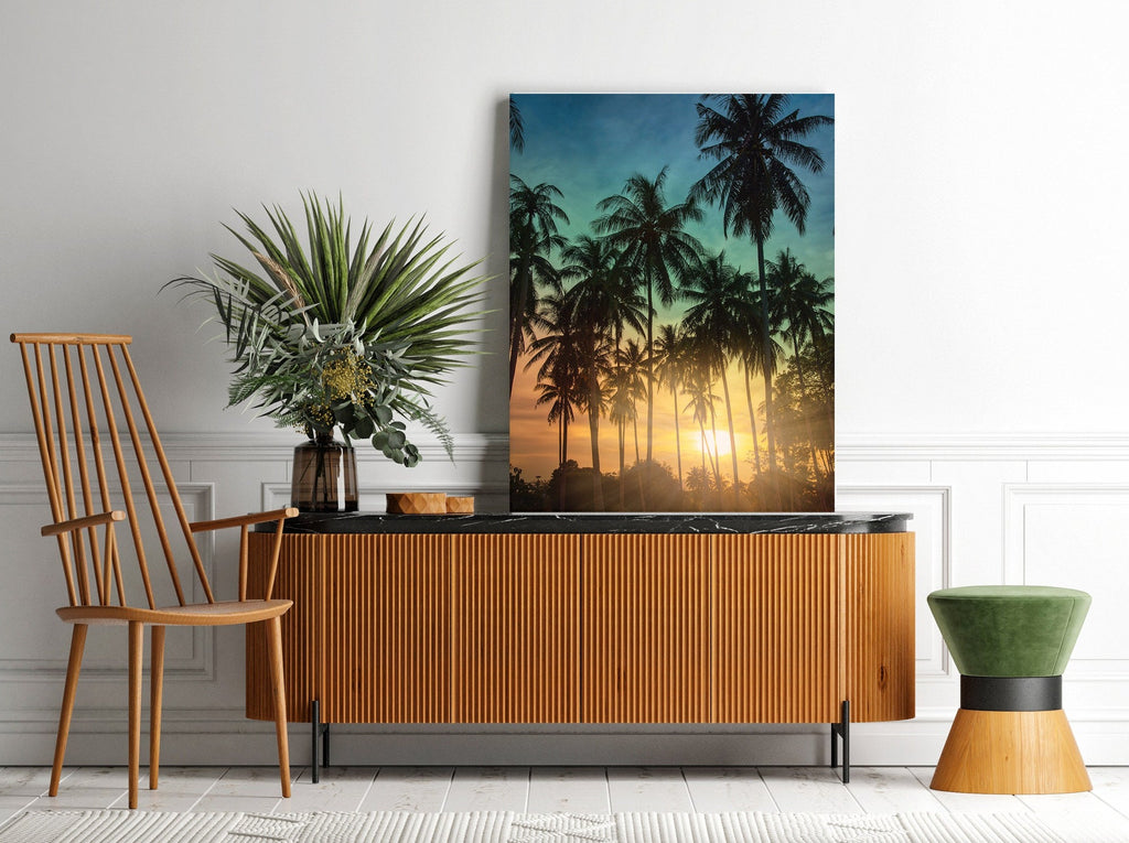 Sunset Palm Tree Print | Canvas wall art print by Wall Nostalgia. FREE SHIPPING on all orders. Custom Canvas Prints, Made in Calgary, Canada | Large canvas prints, framed canvas prints, Palm Tree Canvas Print | Palm Tree Wall Art, Palm Tree Print, Palm Tree Art Print, Sunset Canvas, Palm Tree Canvas, Palm Tree Poster