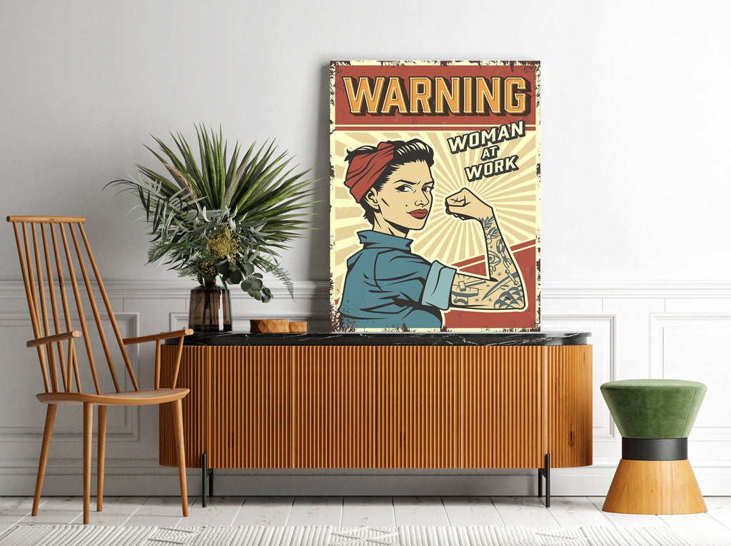 Vintage Sign Warning Woman at Work Canvas Print | Canvas wall art prints by Wall Nostalgia. FREE SHIPPING on all orders. Custom Canvas Prints, Made in Calgary, Canada | Large canvas prints, Woman at Work, Vintage Canvas Print, Warning Sign, Women at Work Print, Feminist Art Print, Feminist Wall Print Art, Vintage Sign