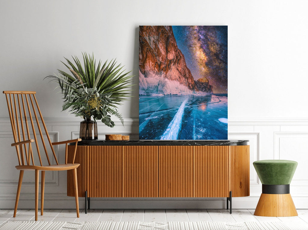 Lake Baikal Frozen Lake Landscape Print | Canvas wall art print by Wall Nostalgia. FREE SHIPPING on all orders. Custom Canvas Prints, Made in Calgary, Canada | Large canvas prints, framed canvas prints, Mountain Print Canvas Wall Art | Canvas print, Mountain print, Galaxy print, Frozen lake, Mountain landscape print