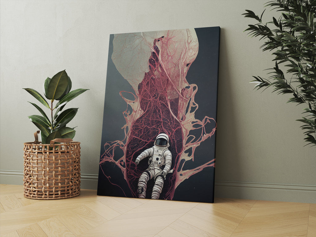 Astronaut Print | Canvas wall art print by Wall Nostalgia. FREE SHIPPING on all orders. Custom Canvas Prints, Made in Calgary, Canada | Large canvas prints, framed canvas prints, Astronaut Canvas Print | Astronaut print, Astronaut wall art print, Space man print, Astronaut flower print, Pink wall art, Space print art