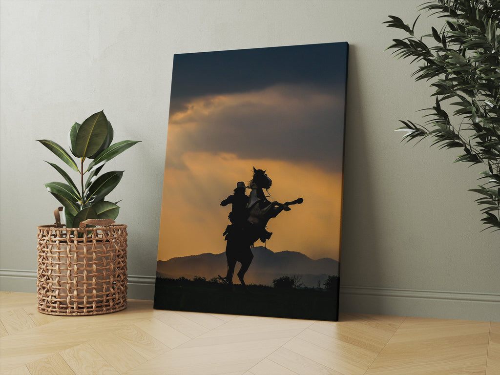 Horseback Rider Print | Canvas wall art print by Wall Nostalgia. FREE SHIPPING on all orders. Custom Canvas Prints, Made in Calgary, Canada | Large canvas prints, framed canvas prints, Horseback Rider Print, Canvas wall art print, Cowboy Print, Horse Print, Cowboy Canvas, Cowboy wall art, Horse riding print, Bronco wall art