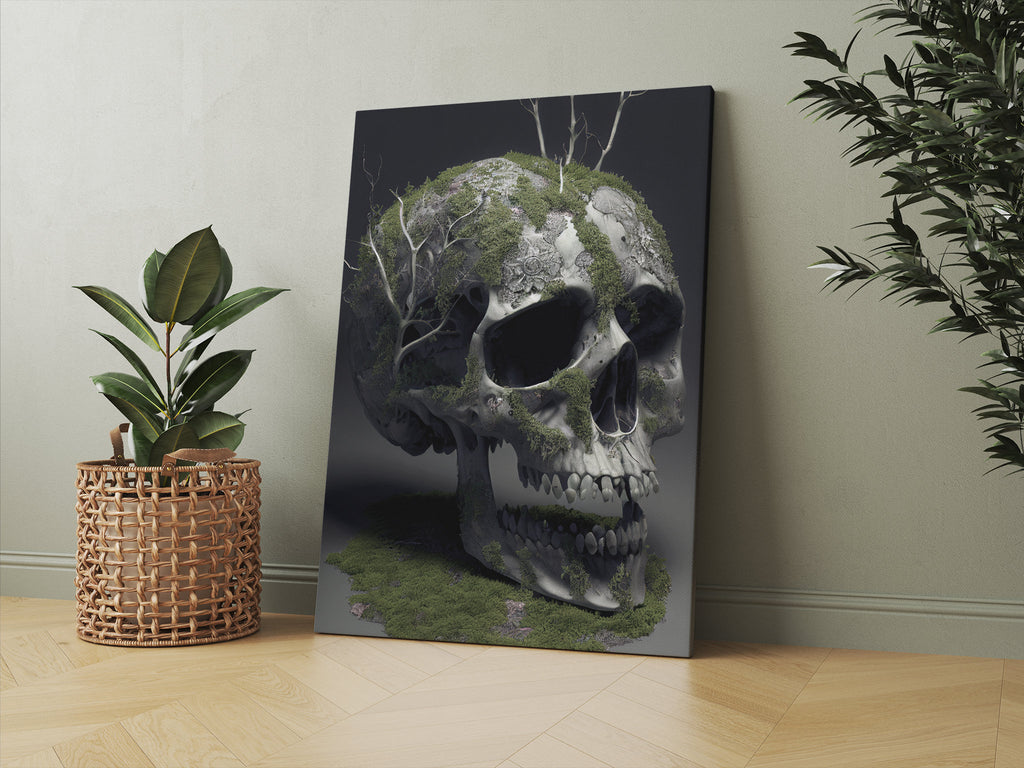 Mossy Skull Print | Canvas wall art print by Wall Nostalgia. FREE SHIPPING on all orders. Custom Canvas Prints, Made in Calgary, Canada | Large canvas prints, framed canvas prints, Skull Canvas Print, Canvas Wall Art, Skull Print, Skull Wall Art, Skull Art Print, Skull Canvas Wall Art, Skull Picture, Skull Flower Print