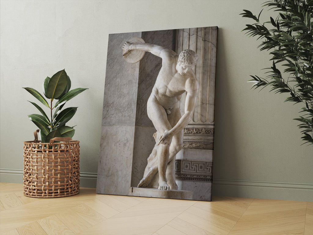 Discobolus Statue by Myron Canvas Print | Canvas wall art print by Wall Nostalgia. FREE SHIPPING on all orders. Custom Canvas Print, Made in Calgary, Canada, Large canvas prints, framed canvas print, Discobolus Myron, Canvas Art Print, Statue Print, Greek Statue Print, Greek Statue Canvas, Greek Print, Discobolus print