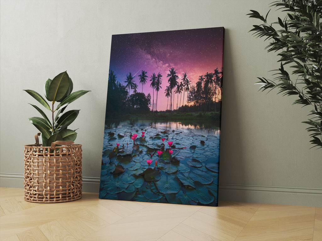 Palm Tree Galaxy Print | Canvas wall art print by Wall Nostalgia. FREE SHIPPING on all orders. Custom Canvas Prints, Made in Calgary, Canada | Large canvas prints, framed canvas prints, Palm Tree Canvas Wall Art, Lily Pad Print, Palm Tree Print, Palm Tree Art Print, Lily Print, Thailand Print, Galaxy print, Galaxy art
