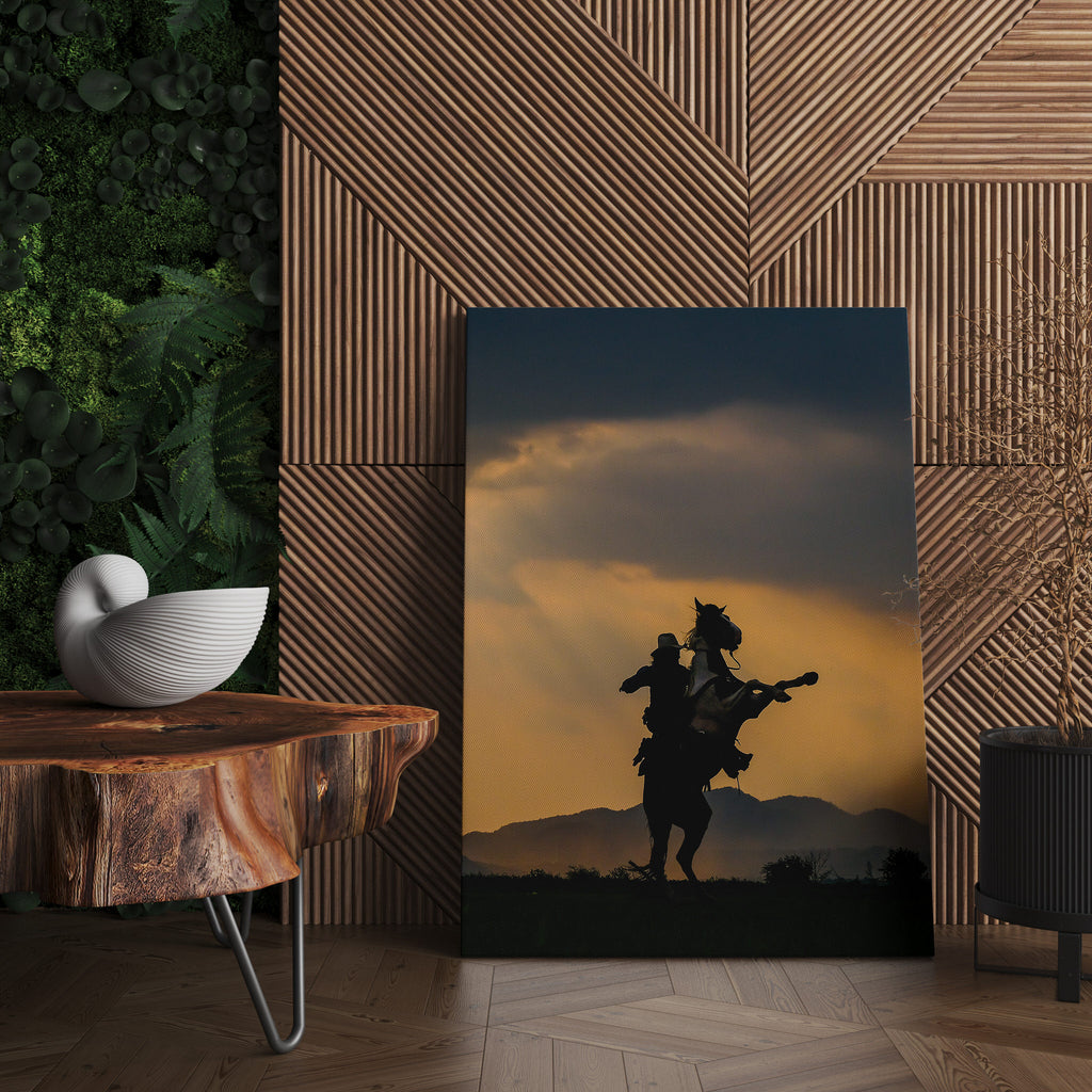 Horseback Rider Print | Canvas wall art print by Wall Nostalgia. FREE SHIPPING on all orders. Custom Canvas Prints, Made in Calgary, Canada | Large canvas prints, framed canvas prints, Horseback Rider Print, Canvas wall art print, Cowboy Print, Horse Print, Cowboy Canvas, Cowboy wall art, Horse riding print, Bronco wall art