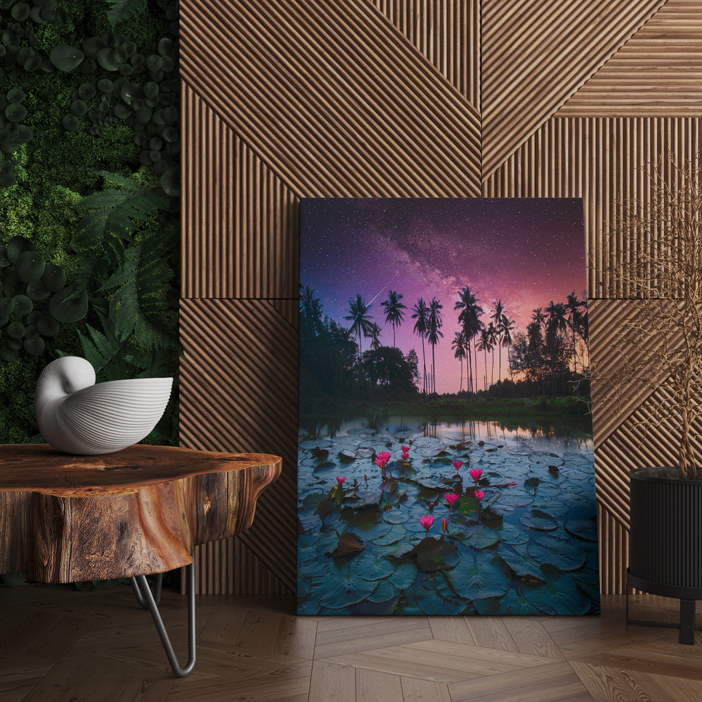 Palm Tree Galaxy Print | Canvas wall art print by Wall Nostalgia. FREE SHIPPING on all orders. Custom Canvas Prints, Made in Calgary, Canada | Large canvas prints, framed canvas prints, Palm Tree Canvas Wall Art, Lily Pad Print, Palm Tree Print, Palm Tree Art Print, Lily Print, Thailand Print, Galaxy print, Galaxy art