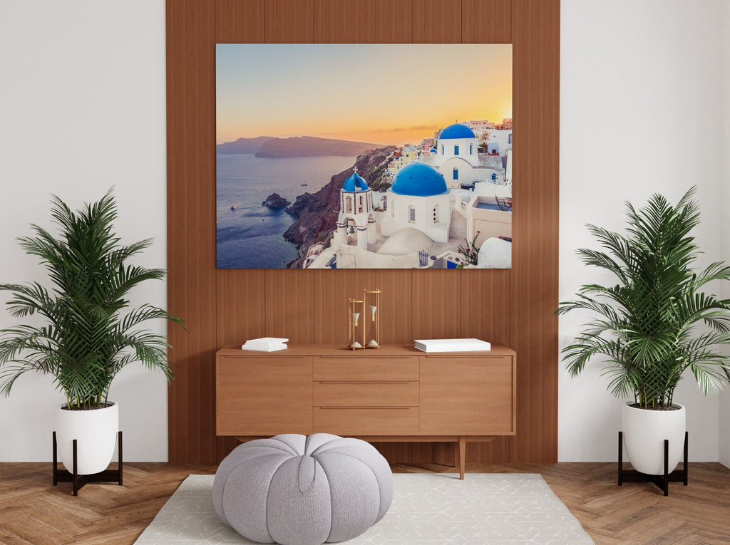Blue Domes Greece Print | Canvas wall art print by Wall Nostalgia. FREE SHIPPING on all orders. Custom Canvas Prints, Made in Calgary, Canada | Large canvas prints, canvas prints, Santorini Greece art canvas print, Santorini print, Santorini wall art, Santorini poster, Canvas wall art, Canvas print, Oia landscape art