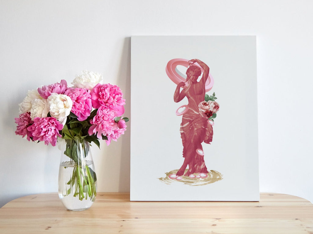 aphrodite greek goddess pink dress and aphrodite in a flowing pink gown adorned with roses they are posing in a mystical forest Prompts