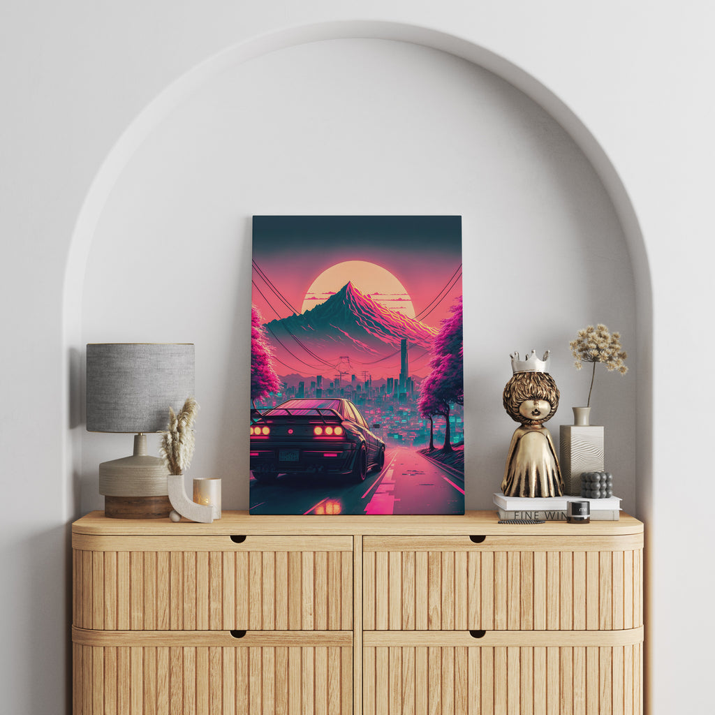 Retro Synthwave Print | Canvas wall art print by Wall Nostalgia. FREE SHIPPING on all orders. Custom Canvas Prints, Made in Calgary, Canada | Large canvas prints, canvas prints, Synthwave Print Canvas Wall Art, Canvas prints, retro poster art, Japan digital illustration print, Synthwave wall art, Synthwave canvas art