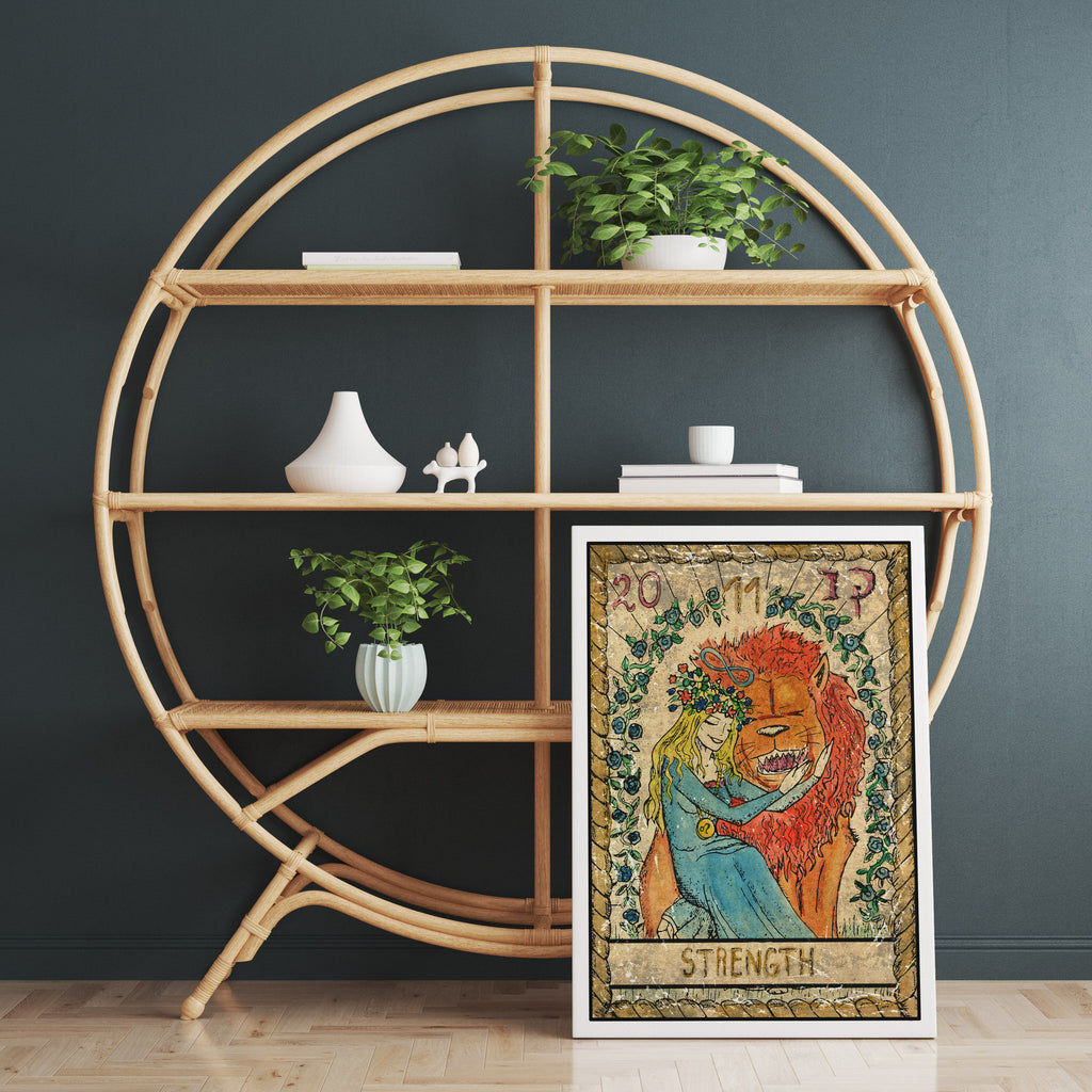 Strength Tarot Card Print | Canvas wall art print by Wall Nostalgia. FREE SHIPPING on all orders. Custom Canvas Prints, Made in Calgary, Canada | Large canvas prints, framed canvas prints, Tarot Card Print Canvas Wall Art | Tarot Card Strength, Tarot Cards Print, Tarot print, Tarot Card Wall Print, Tarot Card Wall Art