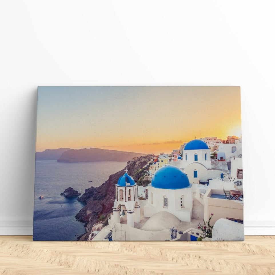 Blue Domes Greece Print | Canvas wall art print by Wall Nostalgia. FREE SHIPPING on all orders. Custom Canvas Prints, Made in Calgary, Canada | Large canvas prints, canvas prints, Santorini Greece art canvas print, Santorini print, Santorini wall art, Santorini poster, Canvas wall art, Canvas print, Oia landscape art