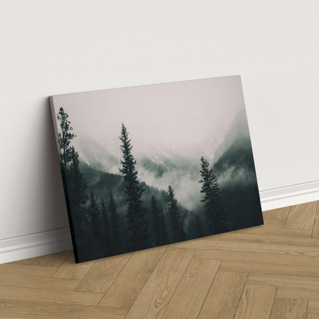 Foggy Mountain Forest Canvas Print | Canvas wall art print by Wall Nostalgia. FREE SHIPPING on all orders. Custom Canvas Art Prints, Made in Calgary, Canada | Large canvas Prints, Framed canvas prints, Foggy Forest Print, Canvas art print, Large canvas art, Foggy forest canvas, Foggy Forest Wall Art, Foggy Mountain Art