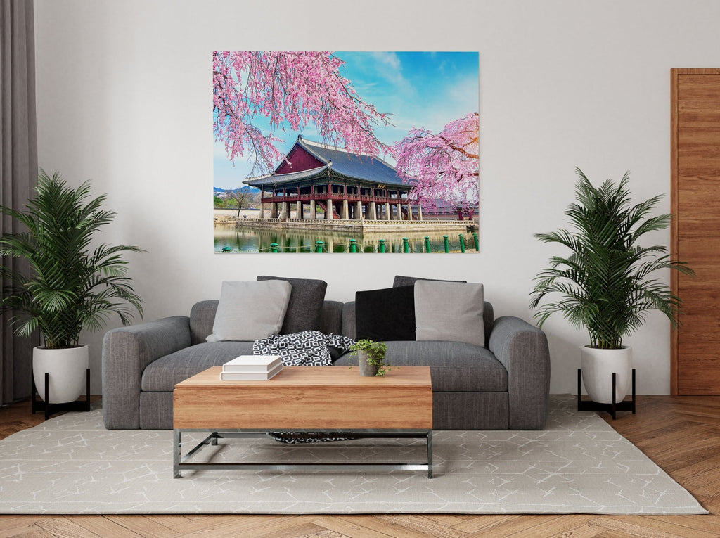 Cherry Blossom Tree Canvas Print | Canvas wall art print by Wall Nostalgia. FREE SHIPPING on all orders. Custom Canvas Prints, Made in Calgary, Canada | Large canvas prints, framed canvas prints, Cherry Blossom Print, Canvas wall art print, Pagoda print, South Korea print, Seoul Print, Cherry Blossom Canvas Wall Art