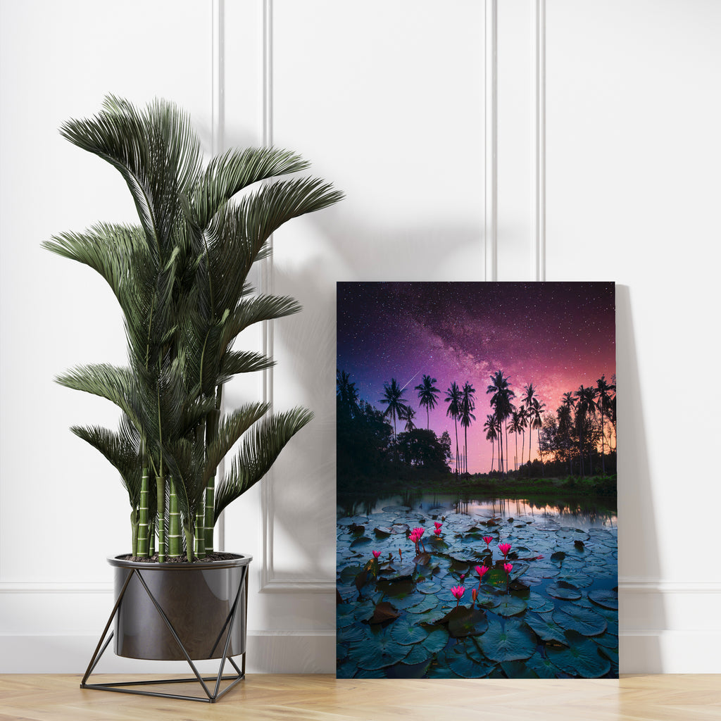 Palm Tree Galaxy Print | Canvas wall art print by Wall Nostalgia. FREE SHIPPING on all orders. Custom Canvas Prints, Made in Calgary, Canada | Large canvas prints, framed canvas prints, Palm Tree Canvas Wall Art, Lily Pad Print, Palm Tree Print, Palm Tree Art Print, Lily Print, Thailand Print, Galaxy print, Galaxy art