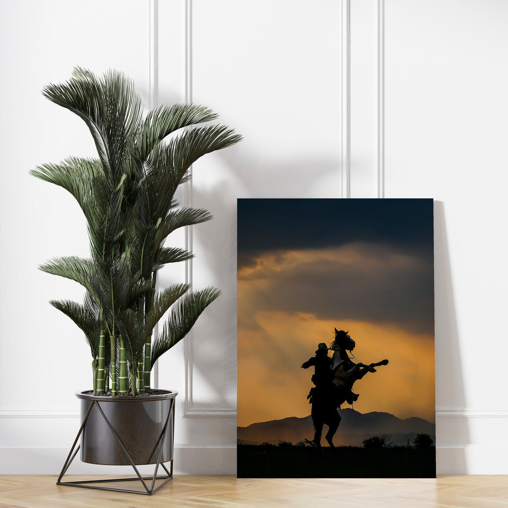 Horseback Rider Print | Canvas wall art print by Wall Nostalgia. FREE SHIPPING on all orders. Custom Canvas Prints, Made in Calgary, Canada | Large canvas prints, framed canvas prints, Horseback Rider Print, Canvas wall art print, Cowboy Print, Horse Print, Cowboy Canvas, Cowboy wall art, Horse riding print, Bronco wall art