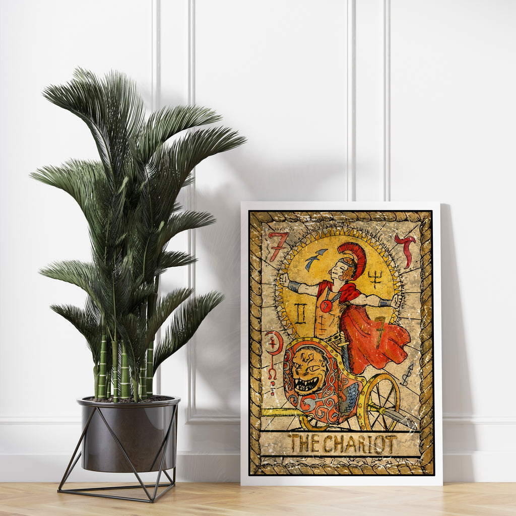 The Chariot Tarot Card Print | Canvas wall art print by Wall Nostalgia. FREE SHIPPING on all orders. Custom canvas art prints, Made in Calgary, Canada | Large canvas prints, framed canvas prints, The Chariot Tarot Card | Tarot Print, Tarot Card Print, Tarot Card Art Print, Tarot Card Wall Art, Tarot Card Chariot Art