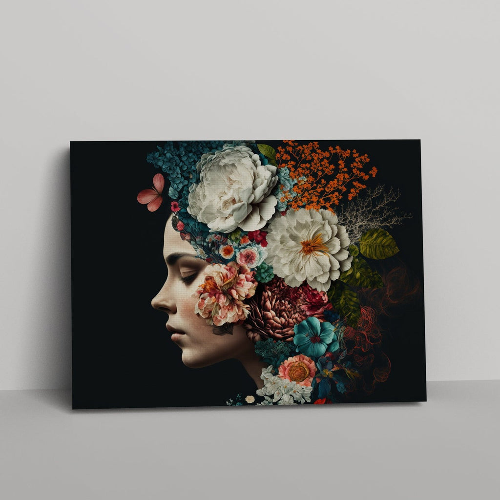 Woman Flower Hair Print | Canvas wall art print by Wall Nostalgia. FREE SHIPPING on all orders. Custom Canvas Prints, Made in Calgary, Canada | Large canvas prints, framed canvas prints, Woman with Flowers Print Canvas Wall Art | Flower head art print, Woman with flower head print, Flower head print, Floral head print