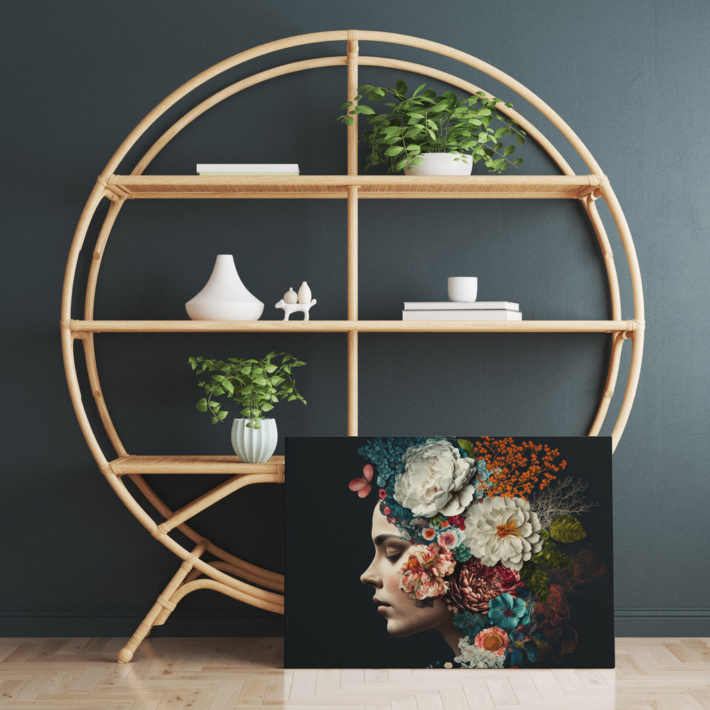 Woman Flower Hair Print | Canvas wall art print by Wall Nostalgia. FREE SHIPPING on all orders. Custom Canvas Prints, Made in Calgary, Canada | Large canvas prints, framed canvas prints, Woman with Flowers Print Canvas Wall Art | Flower head art print, Woman with flower head print, Flower head print, Floral head print