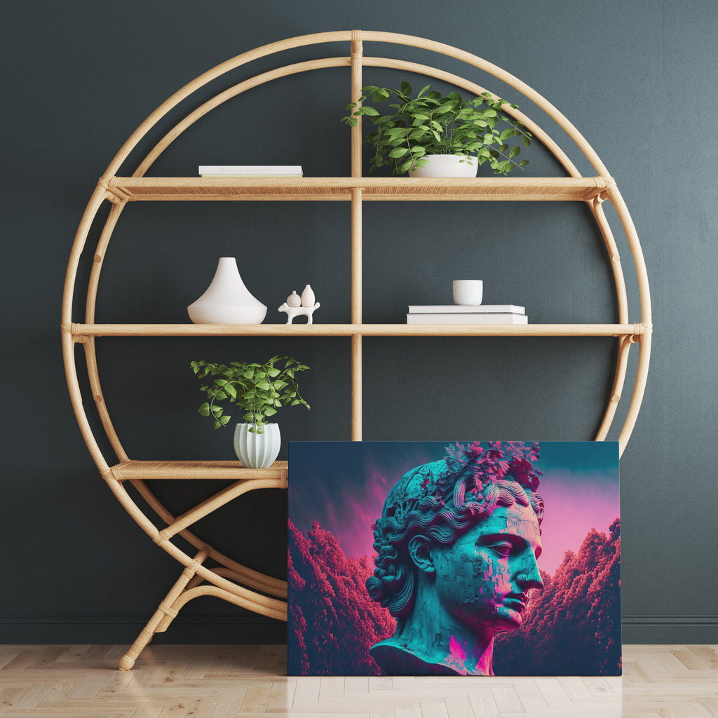 Neon Vaporwave Statue Print | Canvas wall art print by Wall Nostalgia. FREE SHIPPING on all orders. Custom Canvas Prints, Made in Calgary, Canada, Large canvas prints, framed canvas prints, Greek statue art print, Canvas wall art print, vaporwave print, greek god print, greek print, pop art wall art, cyberpunk wall art