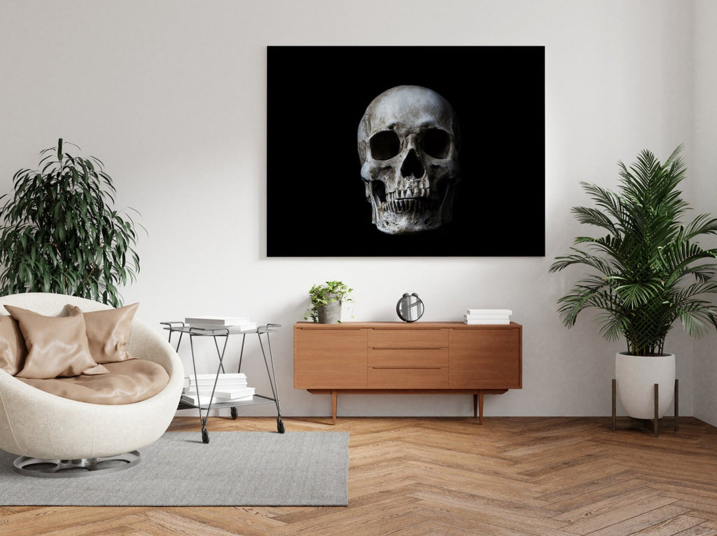 Skull Print | Canvas wall art print by Wall Nostalgia. FREE SHIPPING on all orders. Custom Canvas Prints, Made in Calgary, Canada | Large canvas prints, framed canvas prints, Skull art print | Black skull print, Skull canvas art, Skull canvas print, Skull wall art decor, Human skull, Gothic home decor canvas print