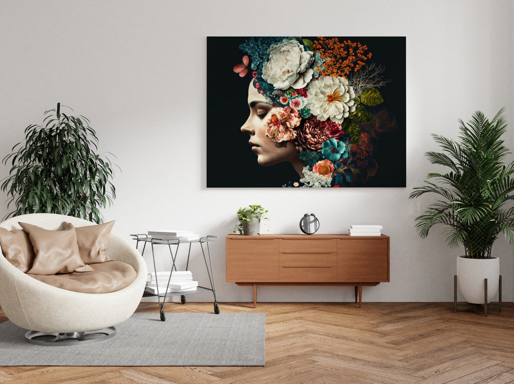 Woman Flower Hair Print | Canvas wall art print by Wall Nostalgia. FREE SHIPPING on all orders. Custom Canvas Prints, Made in Calgary, Canada | Large canvas prints, framed canvas prints, Woman with Flowers Print Canvas Wall Art | Flower head art print, Woman with flower head print, Flower head print, Floral head print
