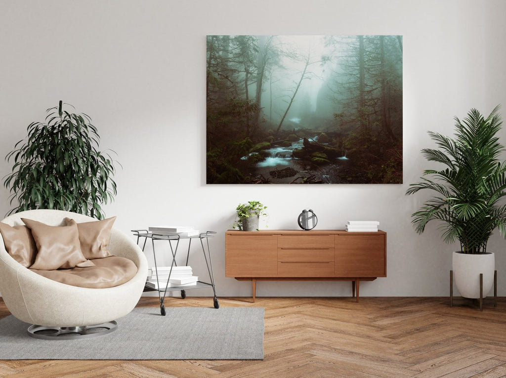 Foggy Forest Print | Canvas wall art print by Wall Nostalgia. FREE SHIPPING on all orders. Custom Canvas Prints, Made in Calgary, Canada, Large canvas prints, framed canvas prints, Foggy Forest Print Canvas Wall Art, Foggy trees print, Misty forest print, Canvas print, Foggy forest wall art, Misty forest wall art print