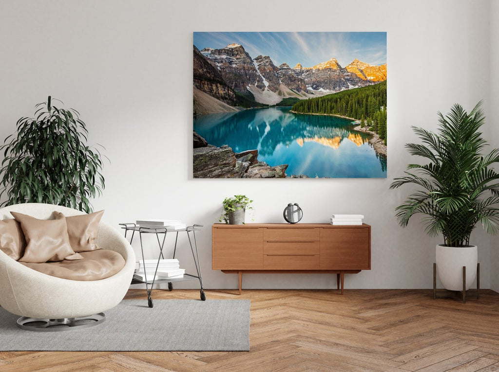 Moraine Lake Print | Canvas wall art print by Wall Nostalgia. FREE SHIPPING on all orders. Custom Canvas Prints, Made in Calgary, Canada | Large canvas prints, framed canvas prints, Banff canvas print | Canvas wall art print, Banff print, Banff wall art, Banff painting, Mountain lake print, Mountain print, Moraine Lake