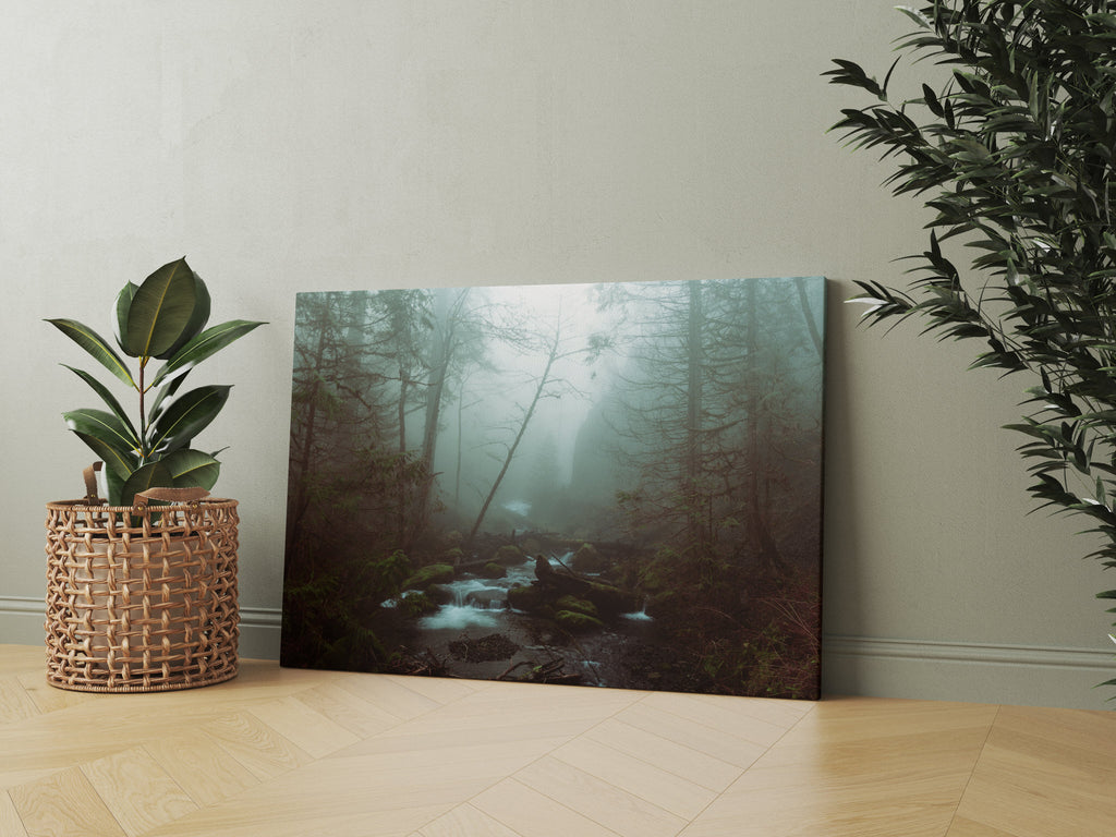 Foggy Forest Print | Canvas wall art print by Wall Nostalgia. FREE SHIPPING on all orders. Custom Canvas Prints, Made in Calgary, Canada, Large canvas prints, framed canvas prints, Foggy Forest Print Canvas Wall Art, Foggy trees print, Misty forest print, Canvas print, Foggy forest wall art, Misty forest wall art print