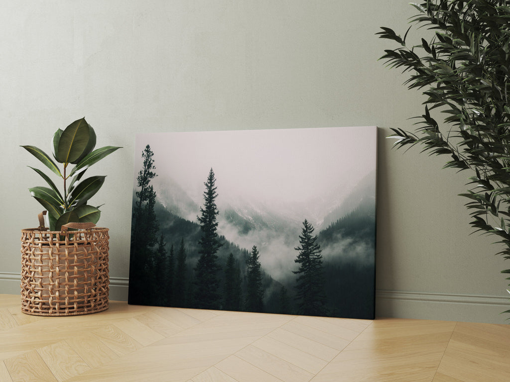 Foggy Mountain Forest Canvas Print | Canvas wall art print by Wall Nostalgia. FREE SHIPPING on all orders. Custom Canvas Art Prints, Made in Calgary, Canada | Large canvas Prints, Framed canvas prints, Foggy Forest Print, Canvas art print, Large canvas art, Foggy forest canvas, Foggy Forest Wall Art, Foggy Mountain Art