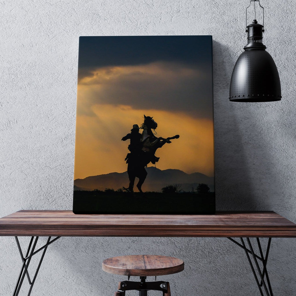 Horseback Rider Print | Canvas wall art print by Wall Nostalgia. FREE SHIPPING on all orders. Custom Canvas Prints, Made in Calgary, Canada | Large canvas prints, framed canvas prints, Horseback Rider Print, Canvas wall art print, Cowboy Print, Horse Print, Cowboy Canvas, Cowboy wall art, Horse riding print, Bronco wall art
