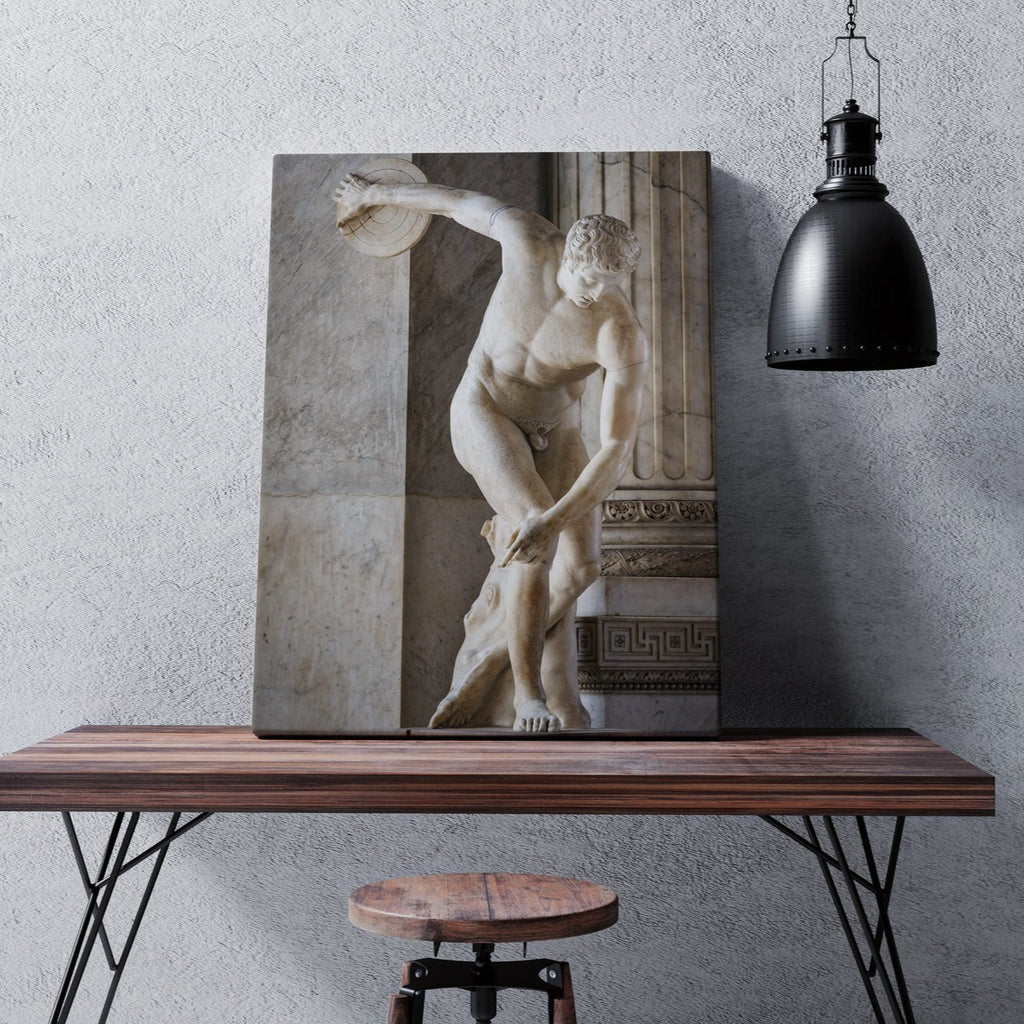 Discobolus Statue by Myron Canvas Print | Canvas wall art print by Wall Nostalgia. FREE SHIPPING on all orders. Custom Canvas Print, Made in Calgary, Canada, Large canvas prints, framed canvas print, Discobolus Myron, Canvas Art Print, Statue Print, Greek Statue Print, Greek Statue Canvas, Greek Print, Discobolus print