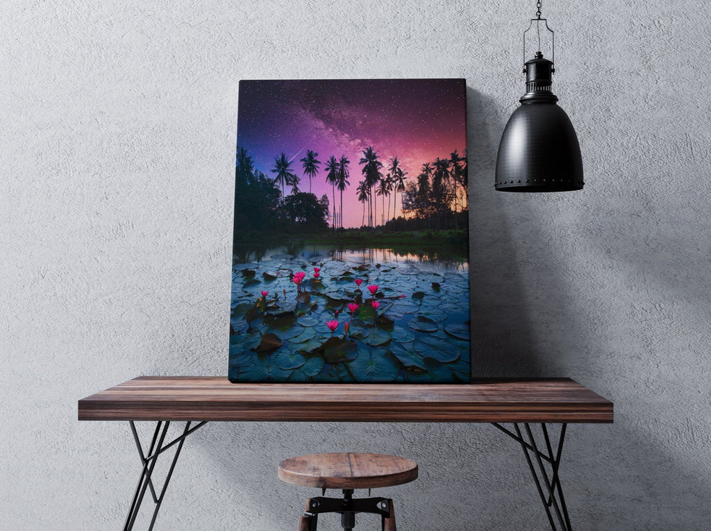 Palm Tree Galaxy Print | Canvas wall art print by Wall Nostalgia. FREE SHIPPING on all orders. Custom Canvas Prints, Made in Calgary, Canada | Large canvas prints, framed canvas prints, Palm Tree Canvas Wall Art, Lily Pad Print, Palm Tree Print, Palm Tree Art Print, Lily Print, Thailand Print, Galaxy print, Galaxy art