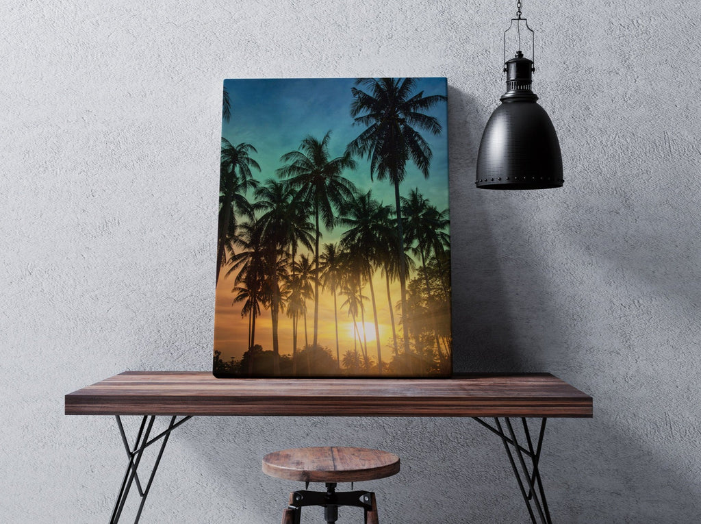 Sunset Palm Tree Print | Canvas wall art print by Wall Nostalgia. FREE SHIPPING on all orders. Custom Canvas Prints, Made in Calgary, Canada | Large canvas prints, framed canvas prints, Palm Tree Canvas Print | Palm Tree Wall Art, Palm Tree Print, Palm Tree Art Print, Sunset Canvas, Palm Tree Canvas, Palm Tree Poster