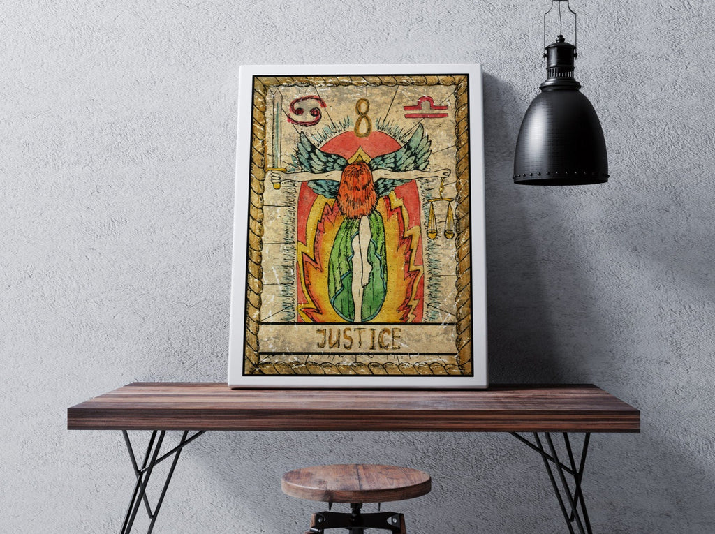 Justice Tarot Card Print | Canvas wall art print by Wall Nostalgia. FREE SHIPPING on all orders. Custom Canvas Prints, Made in Calgary, Canada | Large canvas prints, canvas prints, Tarot Card Print Canvas Wall Art, Tarot Card Justice, Tarot Cards Print, Tarot print, Tarot Card Wall Print, Tarot Card Wall Art, Tarot art