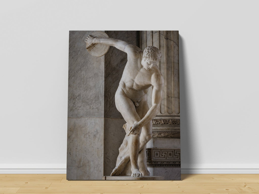 Discobolus Statue by Myron Canvas Print | Canvas wall art print by Wall Nostalgia. FREE SHIPPING on all orders. Custom Canvas Print, Made in Calgary, Canada, Large canvas prints, framed canvas print, Discobolus Myron, Canvas Art Print, Statue Print, Greek Statue Print, Greek Statue Canvas, Greek Print, Discobolus print