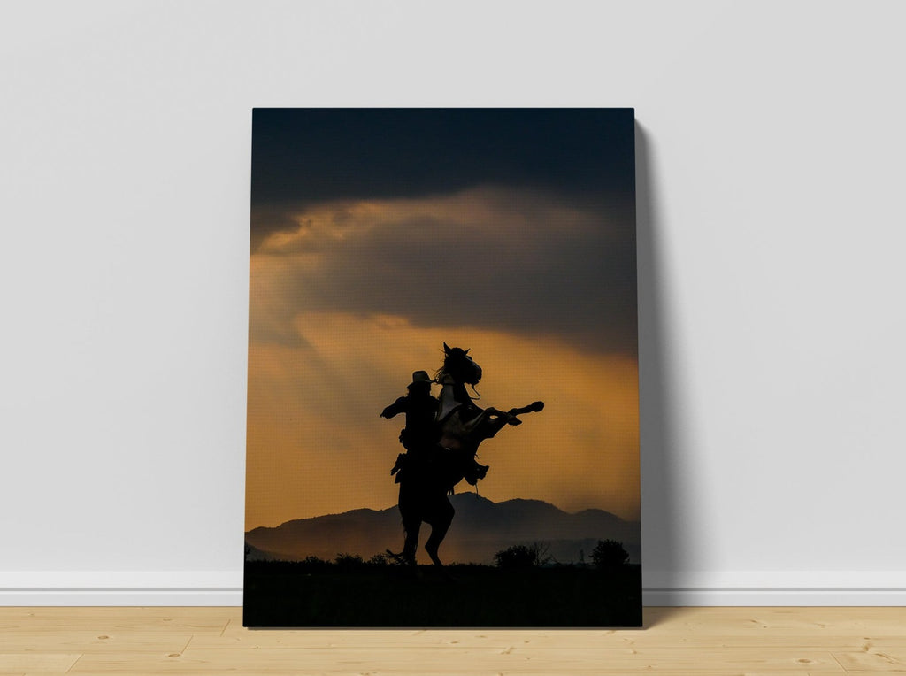 Horseback Rider Print | Canvas wall art print by Wall Nostalgia. FREE SHIPPING on all orders. Custom Canvas Prints, Made in Calgary, Canada | Large canvas prints, framed canvas prints, Horseback Rider Print, Canvas wall art print, Cowboy Print, Horse Print, Cowboy Canvas, Cowboy wall art, Horse riding print, Bronco wall art