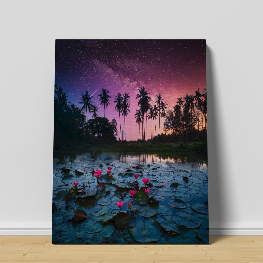 Palm Tree Galaxy Print | Canvas wall art print by Wall Nostalgia. FREE SHIPPING on all orders. Custom Canvas Prints, Made in Calgary, Canada | Large canvas prints, framed canvas prints, Palm Tree Canvas Wall Art, Lily Pad Print, Palm Tree Print, Palm Tree Art Print, Lily Print, Thailand Print, Galaxy print, Galaxy art