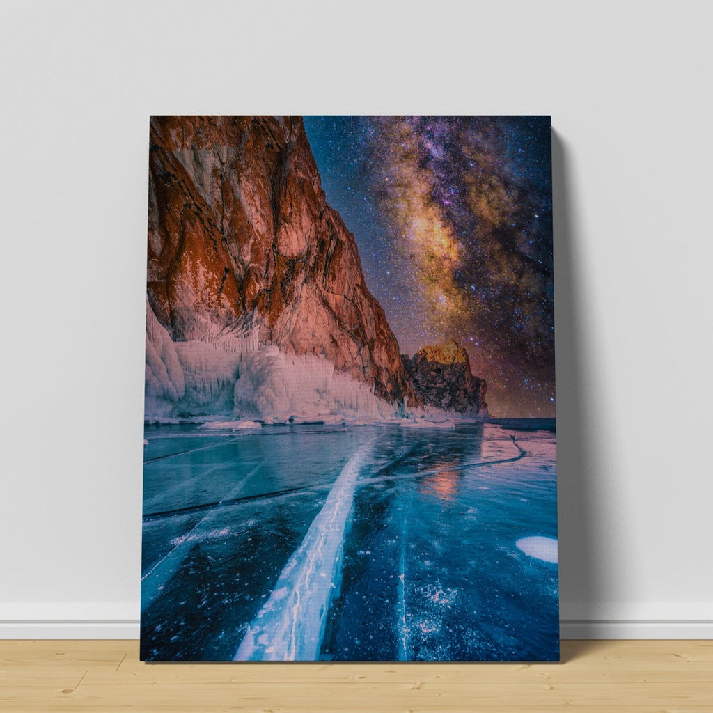 Lake Baikal Frozen Lake Landscape Print | Canvas wall art print by Wall Nostalgia. FREE SHIPPING on all orders. Custom Canvas Prints, Made in Calgary, Canada | Large canvas prints, framed canvas prints, Mountain Print Canvas Wall Art | Canvas print, Mountain print, Galaxy print, Frozen lake, Mountain landscape print