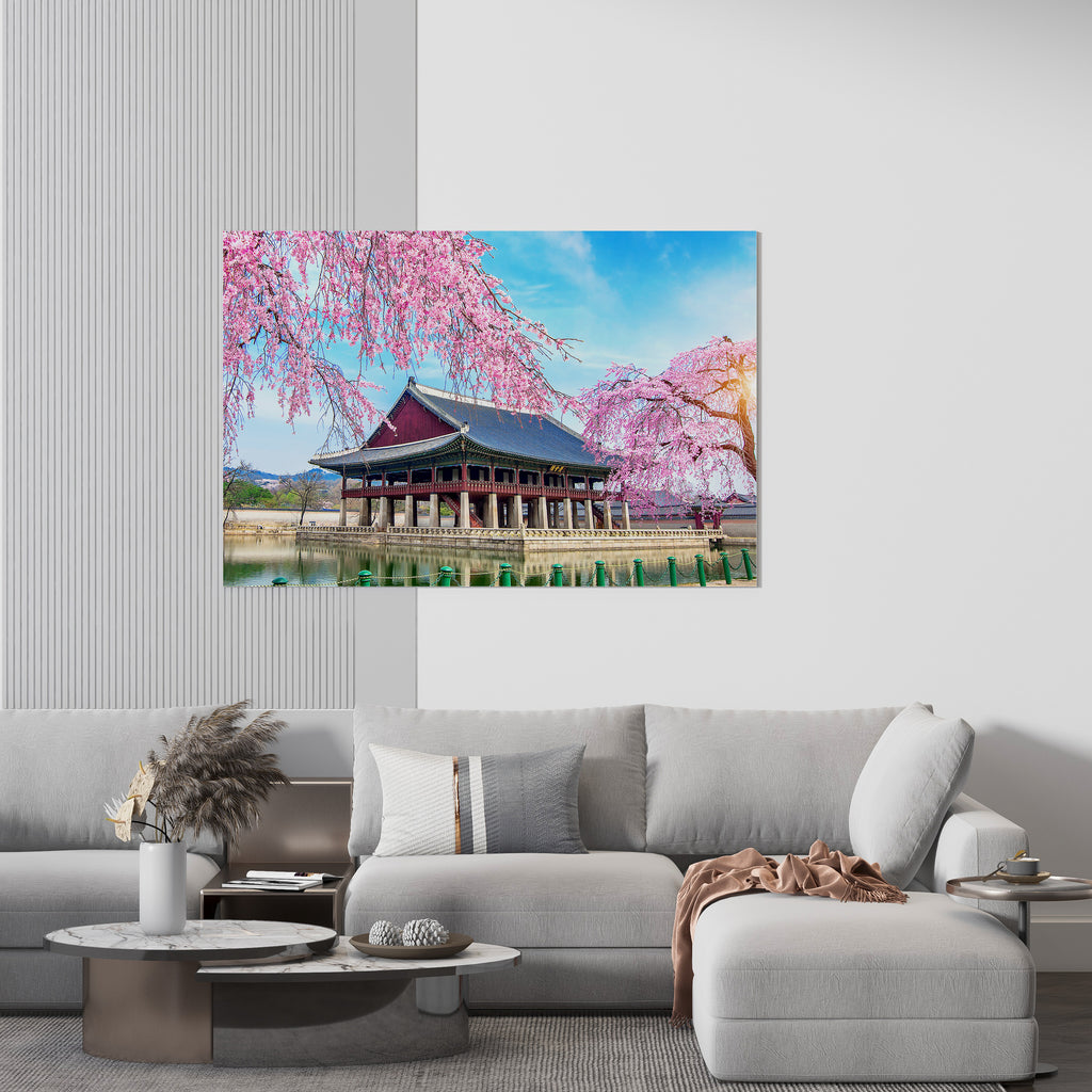 Cherry Blossom Tree Canvas Print | Canvas wall art print by Wall Nostalgia. FREE SHIPPING on all orders. Custom Canvas Prints, Made in Calgary, Canada | Large canvas prints, framed canvas prints, Cherry Blossom Print, Canvas wall art print, Pagoda print, South Korea print, Seoul Print, Cherry Blossom Canvas Wall Art